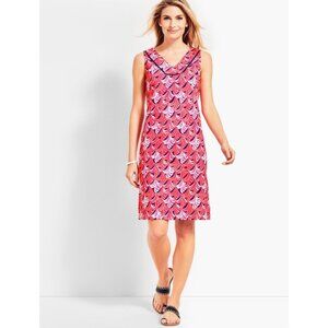 NEW Talbots Whimsical Waves Cotton V-Neck Pull-On Pink Printed Shift Dress
